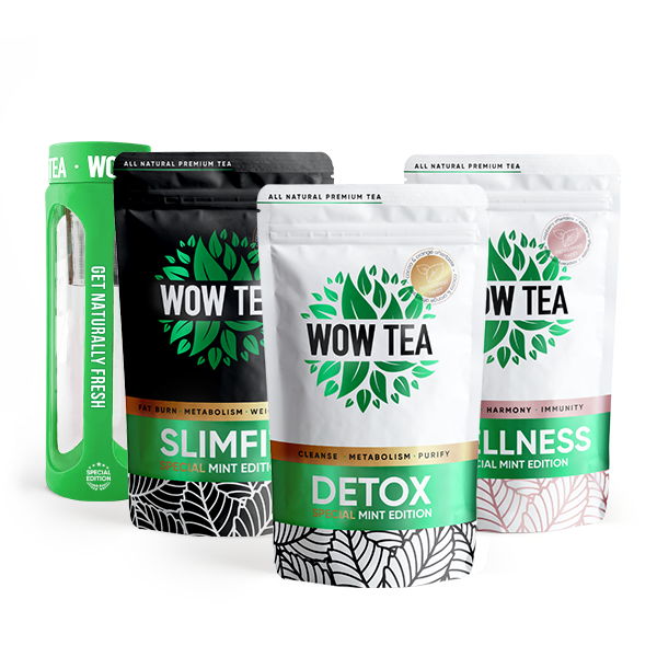 Mint Detox té + Mint SlimFit té + Mint Wellness té + Botella verde | WOW TEA - 450 gr