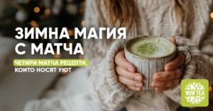 Жена, държаща чаша топла матча напитка в уютна зимна обстановка с надпис „Зимна магия с матча“ – вдъхновение за матча рецепти.