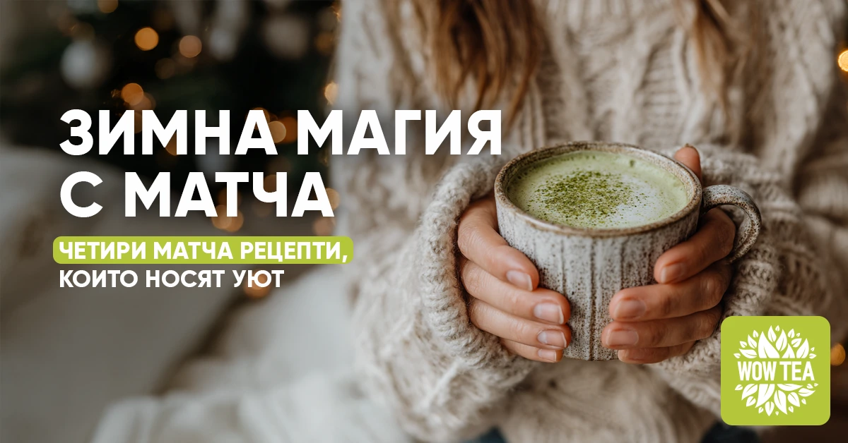 Жена, държаща чаша топла матча напитка в уютна зимна обстановка с надпис „Зимна магия с матча“ – вдъхновение за матча рецепти.
