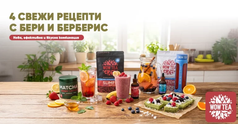 Свежи рецепти с боровинки и берберис, представени с продукти WOW Tea – напитки, десерти и здравословни комбинации с горски плодове.
